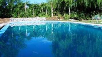 Seasonal outdoor pool, pool loungers