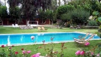 Seasonal outdoor pool, pool loungers