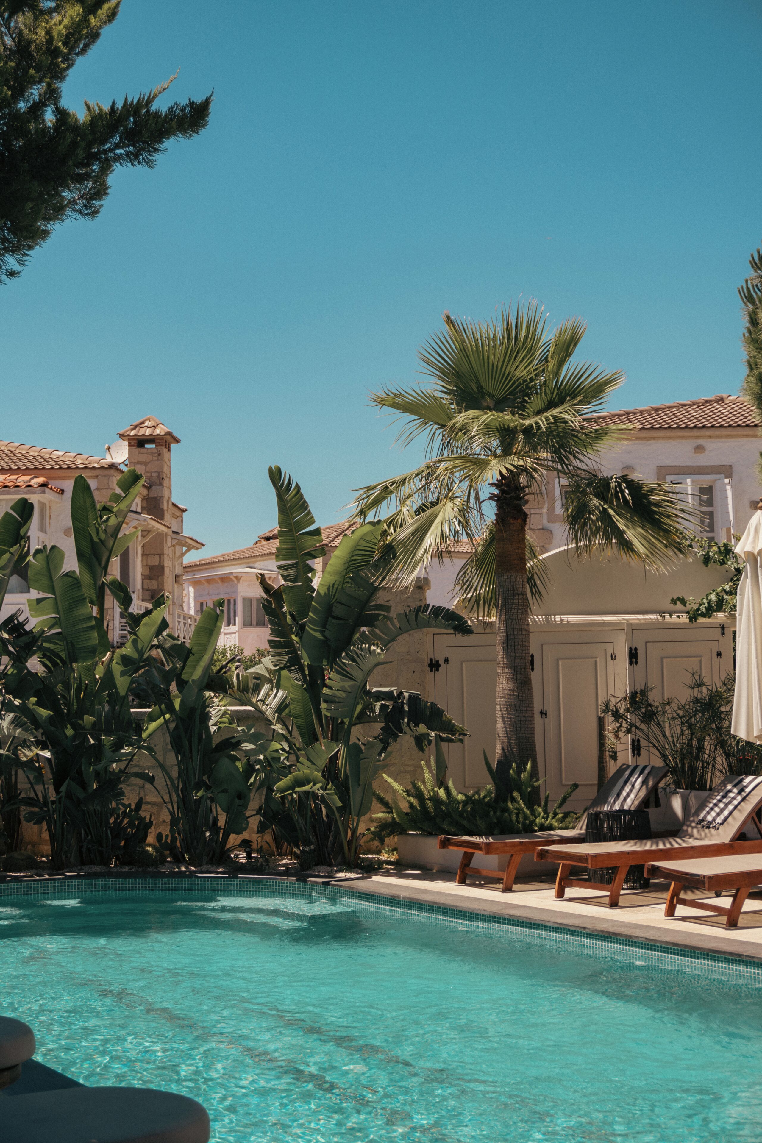 Ein Pool mit Liegestühlen, Palmen und einem Gebäude mit einem Ziegeldach.