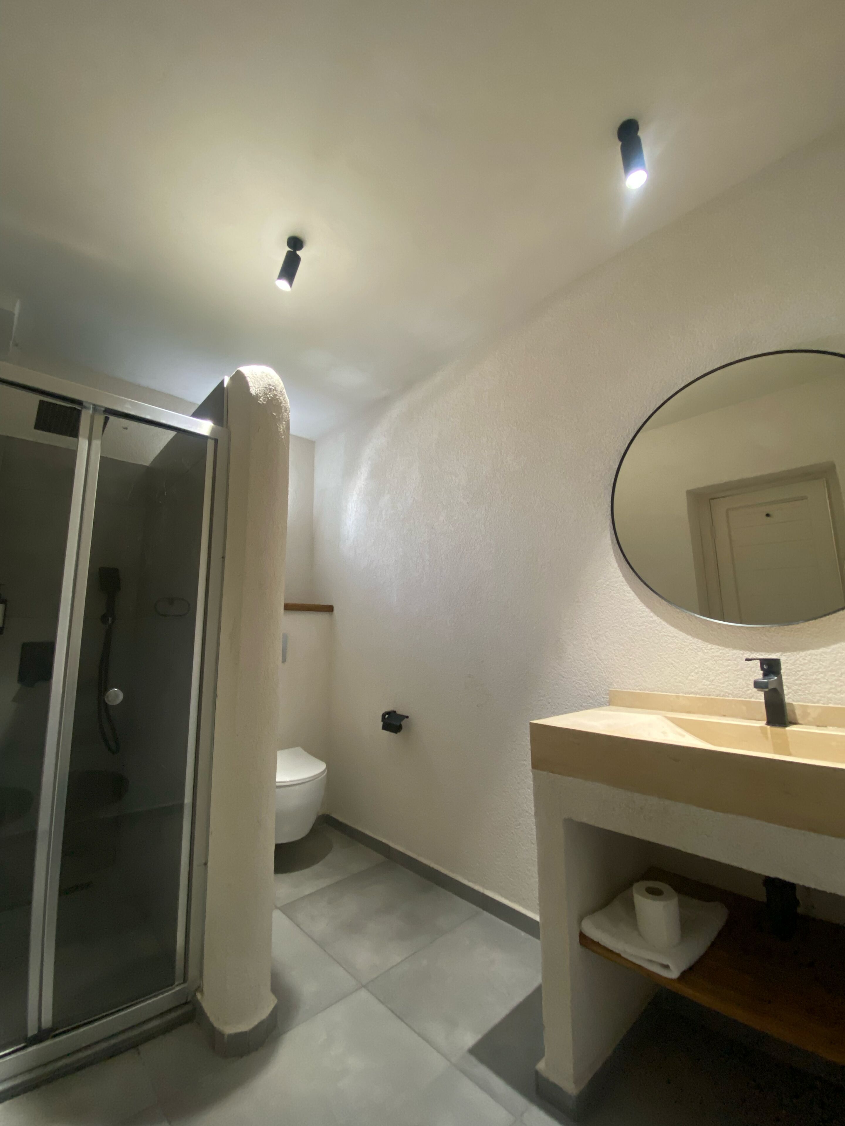 Une salle de bain avec douche, toilettes et lavabo.