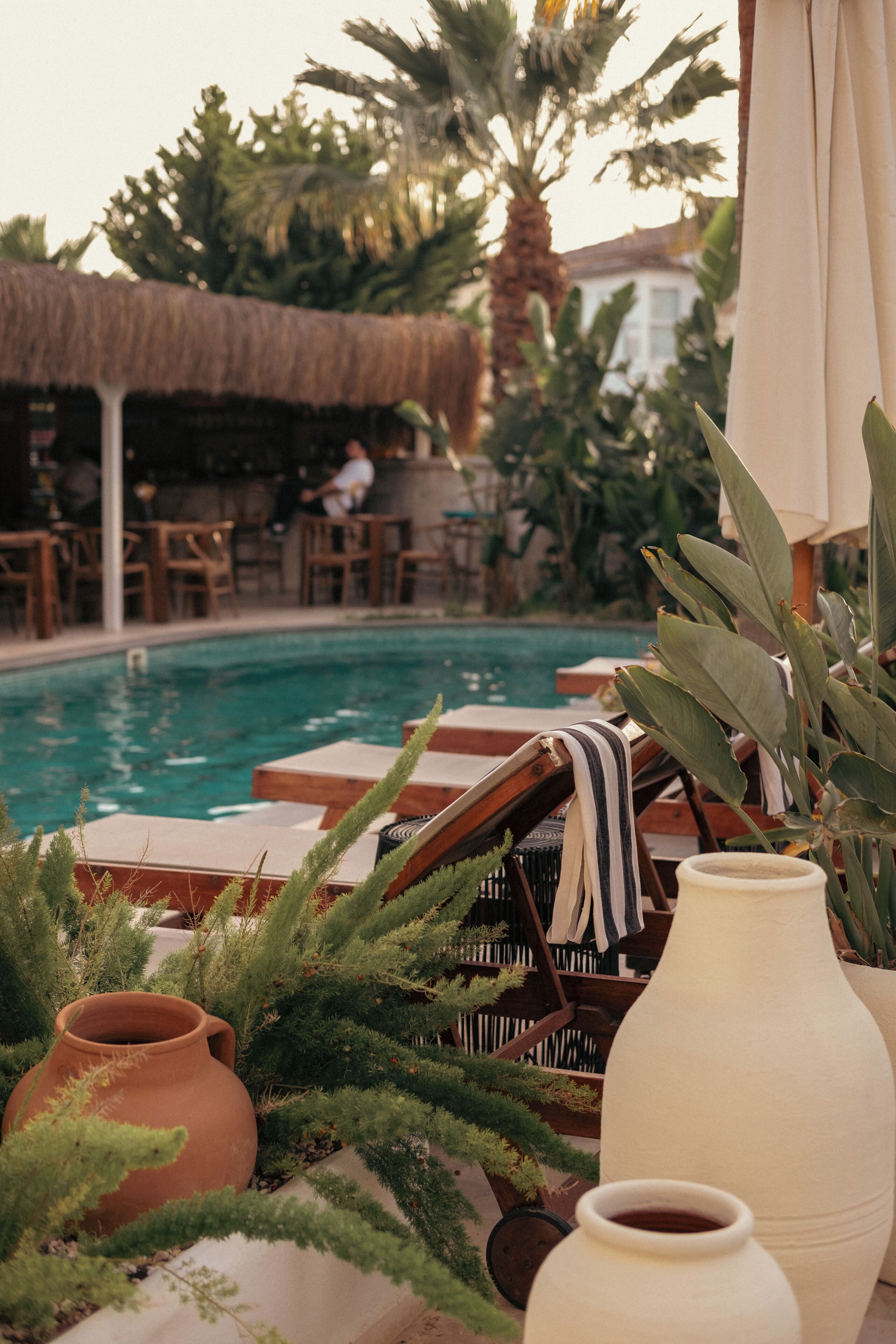A poolside area with lounge chairs, a thatched roof, and potted plants.