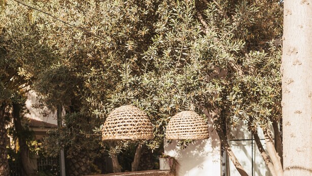Un área de comedor al aire libre con una mesa y sillas de madera, rodeada por un muro de piedra y árboles.