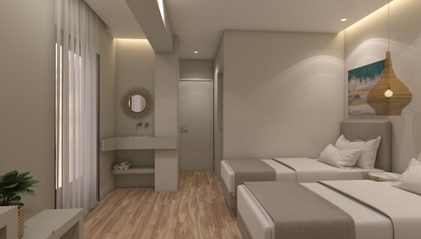 Un dormitorio moderno con armario empotrado, mesita de noche, lámpara colgante y un cuadro en la pared.