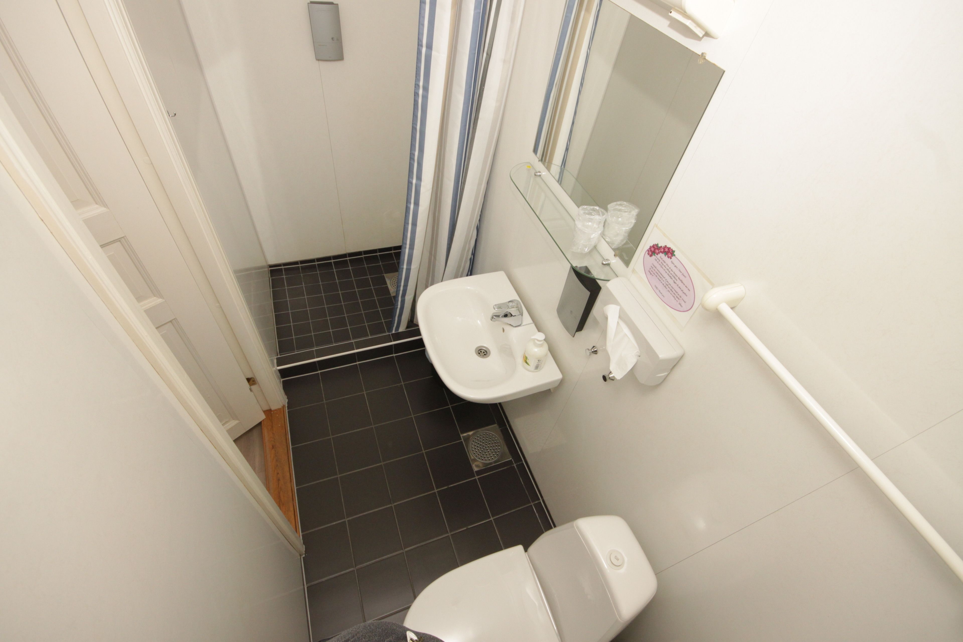 A small bathroom with a toilet, sink, and shower area.