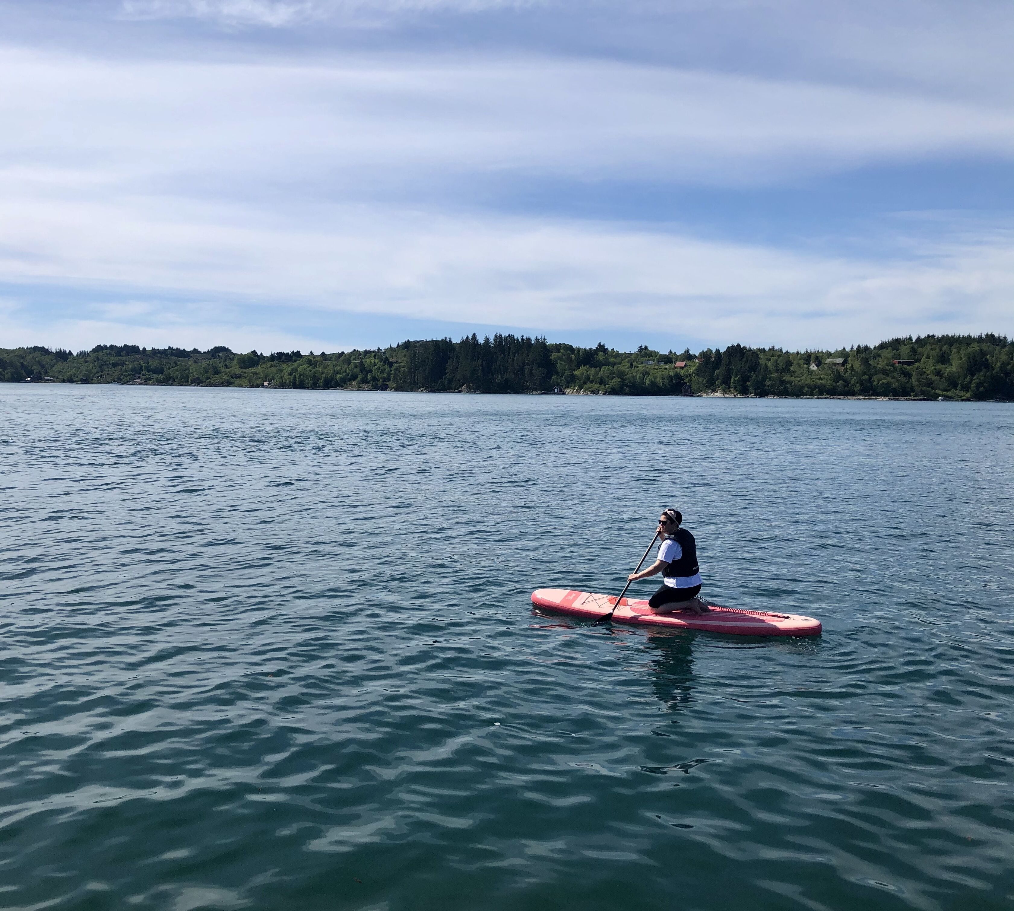Una persona haciendo paddleboard en un lago tranquilo con una orilla boscosa al fondo.