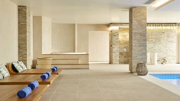 Indoor pool, seasonal outdoor pool, pool umbrellas, sun loungers