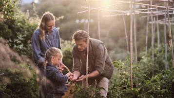 Una familia en un jardín con una estructura de enrejado y follaje.