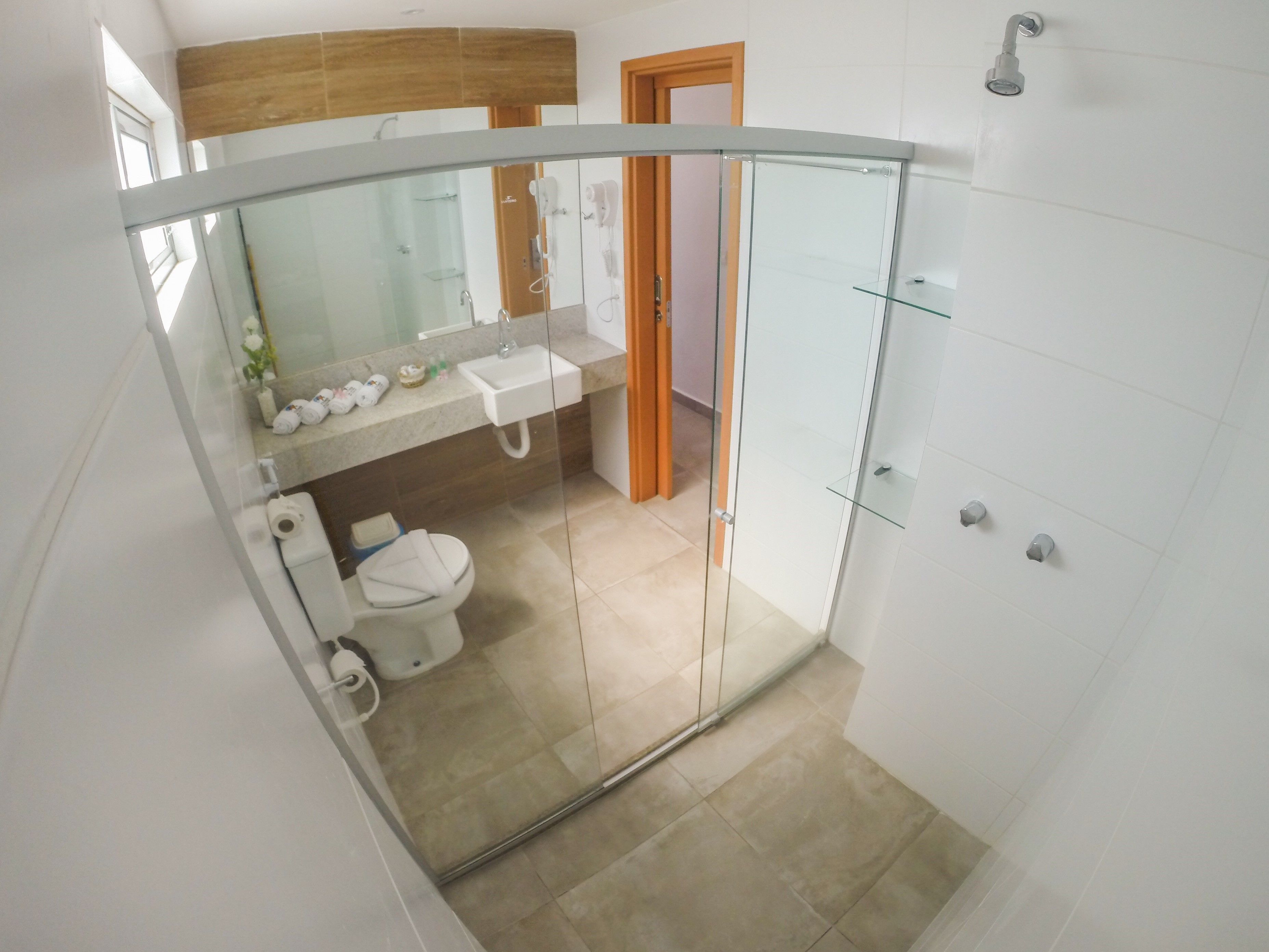 shower, free toiletries, hair dryer, towels