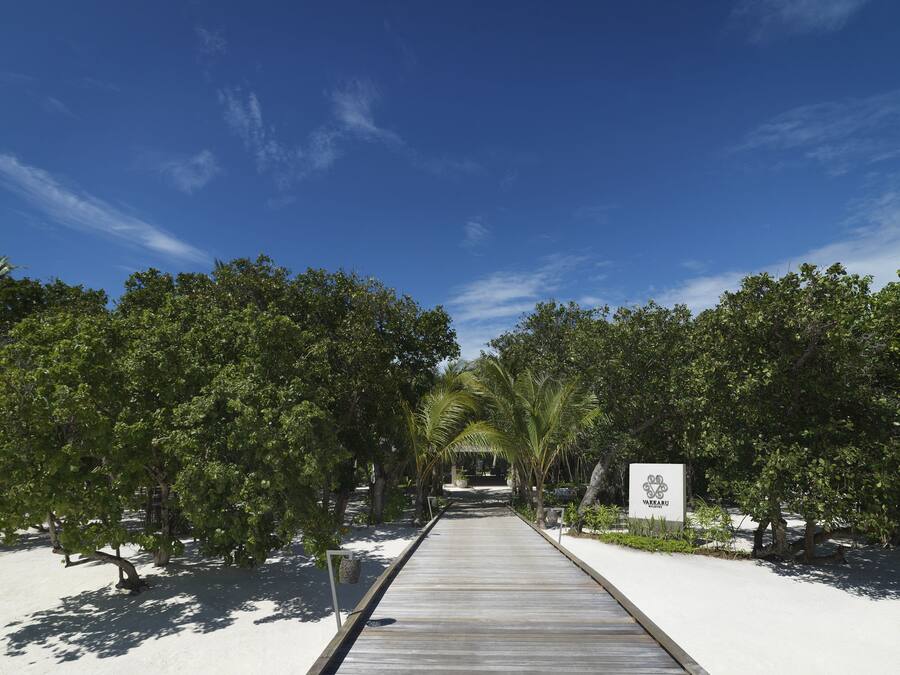 Un sendero de madera que atraviesa un jardín tropical, con un cartel que indica un centro de spa o bienestar.