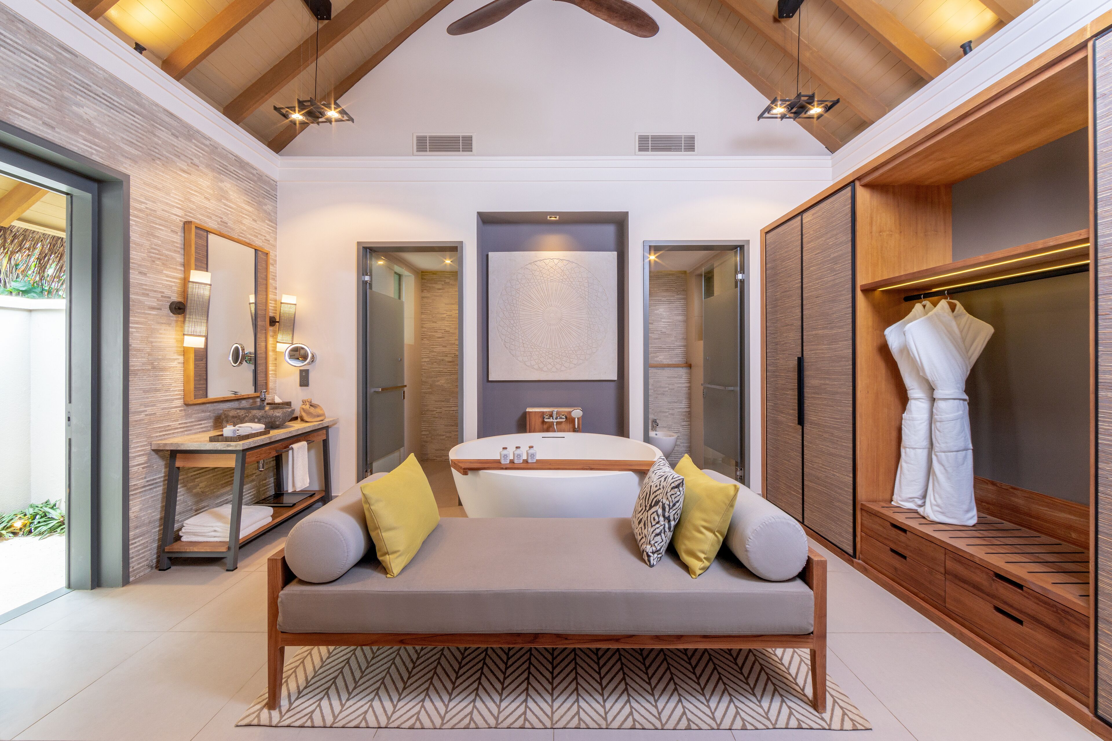 two bedroom beach pool residence: 30% off seaplane transfers, 11 jan to 19 dec 2025 stay | bathroom | separate bathtub and shower, rainfall showerhead, free toiletries