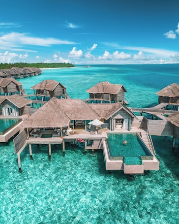 Overwater bungalows with infinity pools, clear turquoise water, and a view of the ocean.