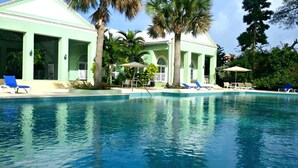 Une piscine avec des chaises longues et des palmiers.