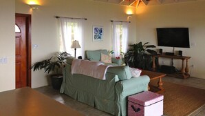Un salon confortable avec un canapé, un téléviseur et un ventilateur de plafond.