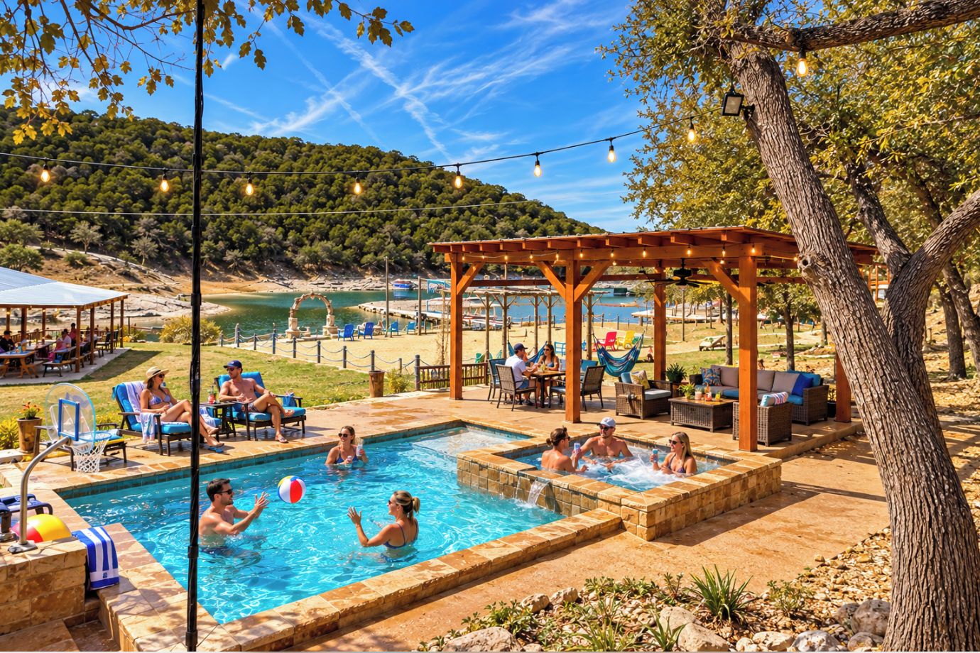 A pool area with a pergola, lounge chairs, and a view of the beach.