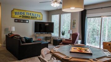 Smart TV, fireplace, video games, DVD player
