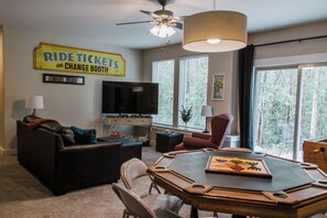 Smart TV, fireplace, video games, DVD player