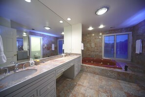 Ensemble douche/baignoire, baignoire à jets, sèche-cheveux, bidet