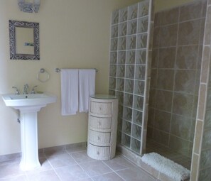 Douche, sèche-cheveux, serviettes fournies, savon
