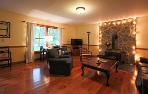 Télévision, cheminée, lecteur de DVD, table de tennis de table