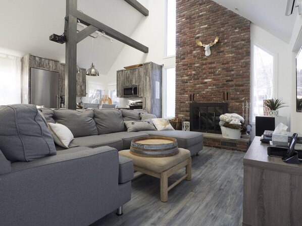 Smart TV, fireplace, DVD player, books