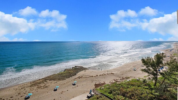 Une plage avec un ciel dégagé, une eau calme et quelques parasols.