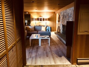 Smart TV, fireplace, DVD player, books