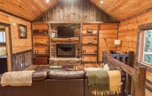 Smart TV, chimenea y libros 