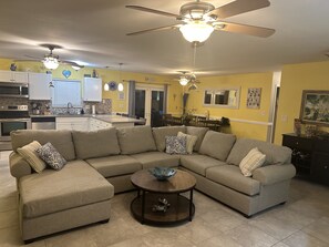 Smart TV, caminetto, lettore DVD, libri