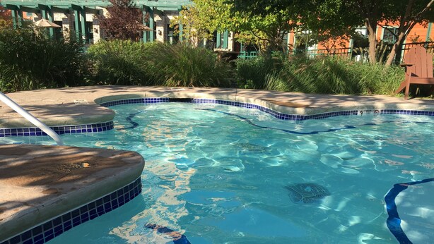 Una piscina con acqua cristallina, circondata dal verde e da un pontile in legno.