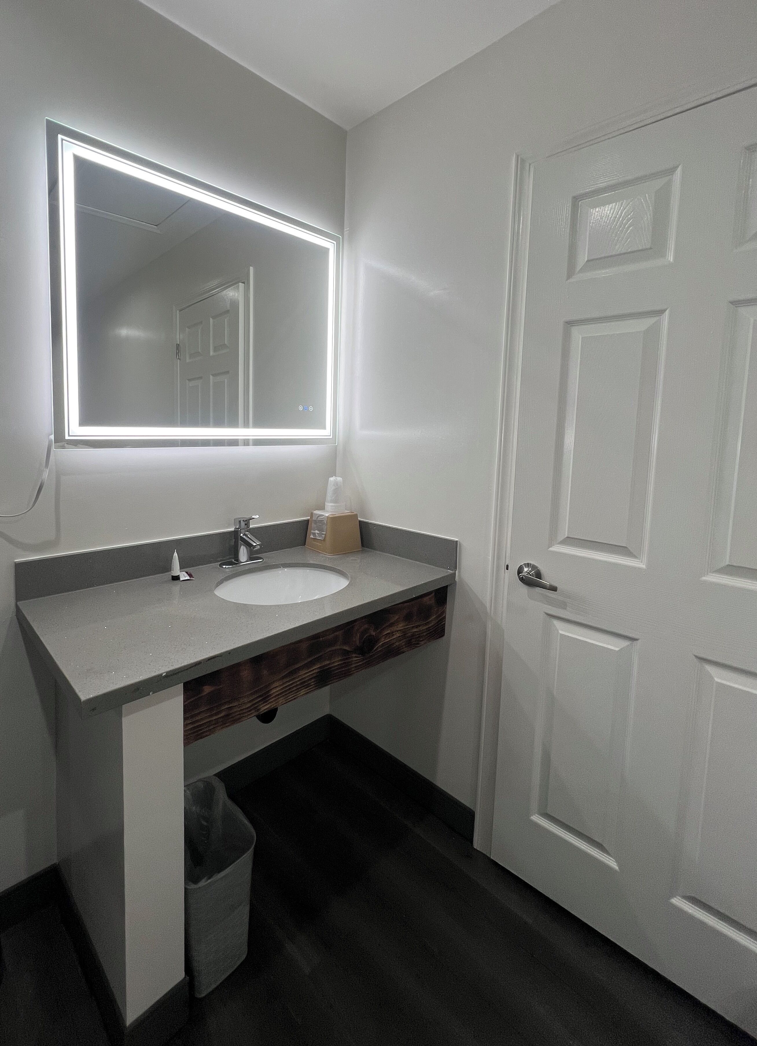 A bathroom with a white sink, a mirror with built-in lighting, a wooden vanity, and a white door.