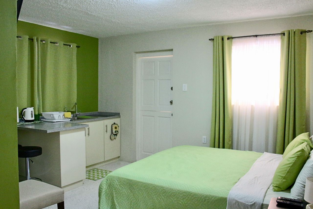 Una habitación pequeña y funcional con kitchenette, una cama con ropa de cama verde y una puerta.