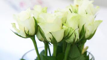 A clear glass vase containing white roses.