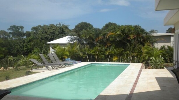A rectangular swimming pool with a tiled deck, surrounded by lounge chairs and palm trees. - Villa 604 RCL (Sosúa)