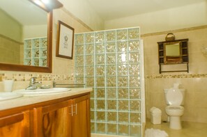 A bathroom with a sink, mirror, and toilet. - Well Furnished w Private Pool, BBQ & Palapa Bar (Sosúa)