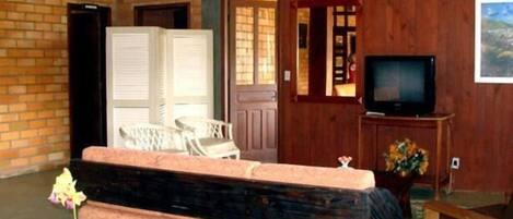 A room with a brick wall, a wooden door, a television, a sofa, and a small table with a vase of flowers.