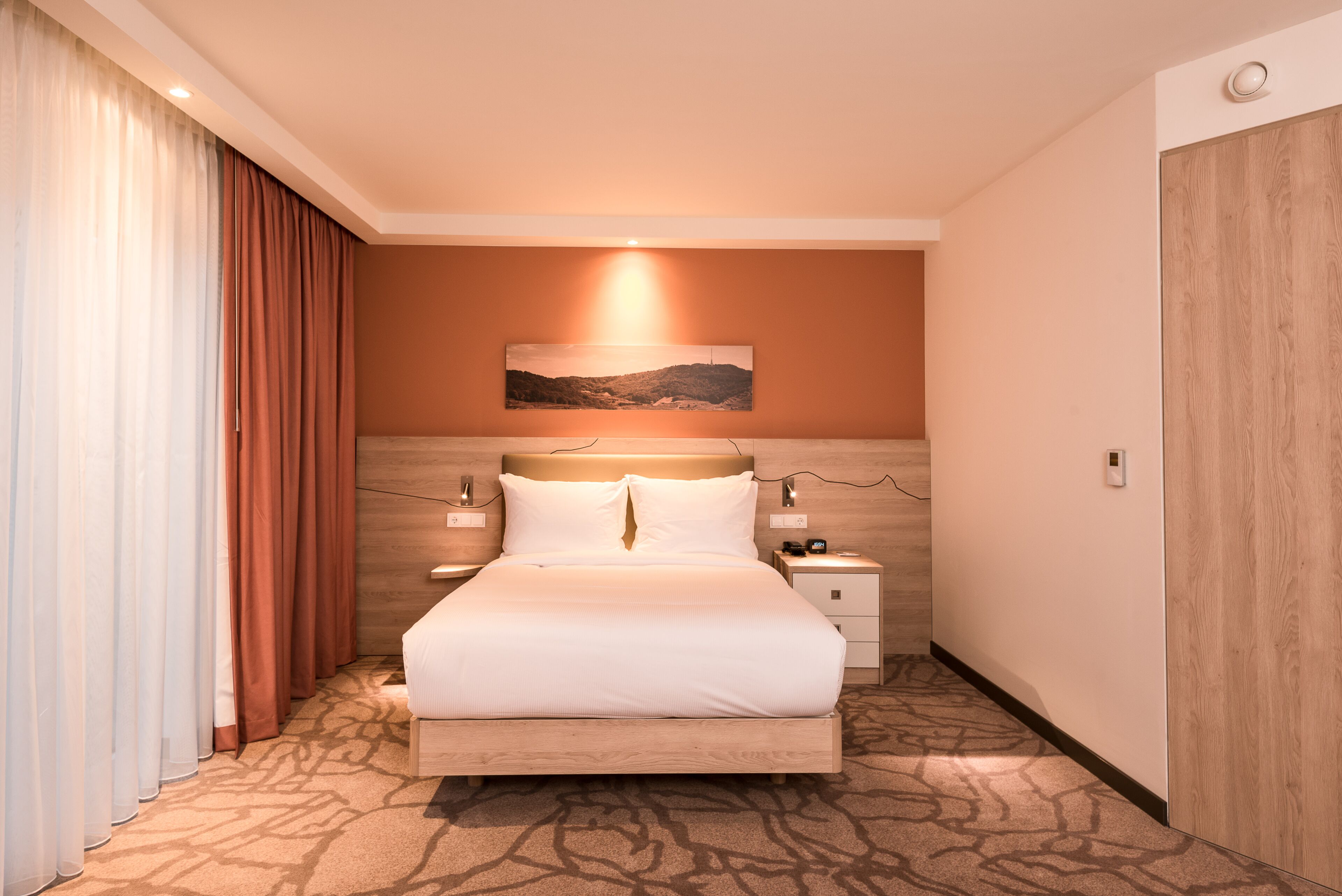 Una habitación de hotel con una cama grande, una mesita de noche, una obra de arte colgada en la pared y una puerta de madera.