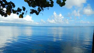 A calm sea with a clear sky and distant land.