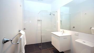 A modern bathroom with a glass shower enclosure, white sink, and toilet.