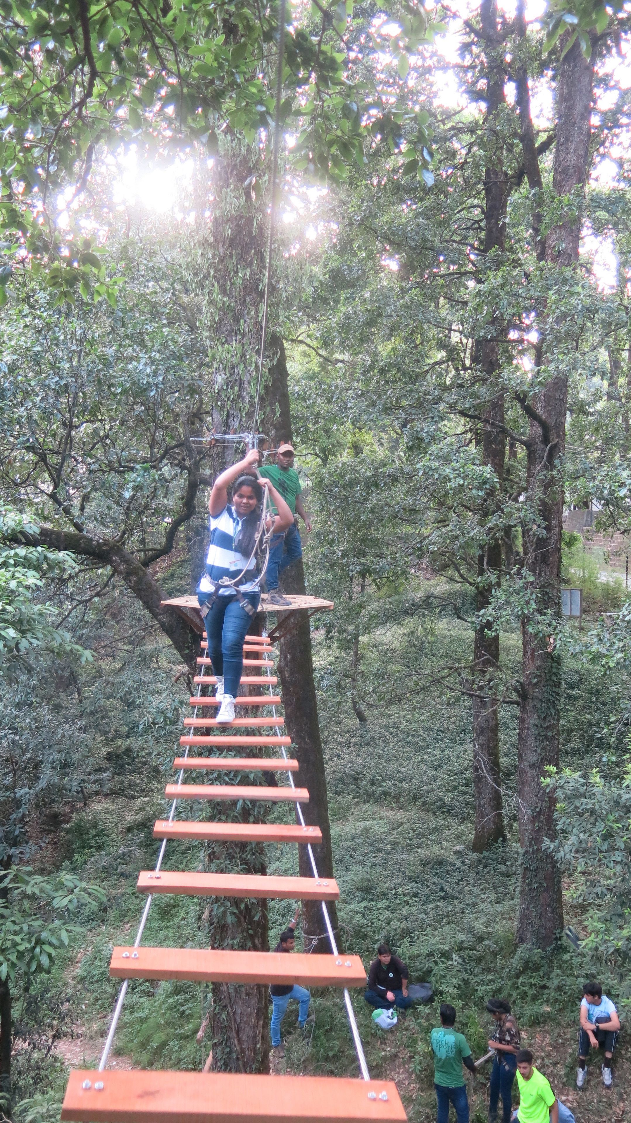 Un puente de cuerda de madera en un bosque.