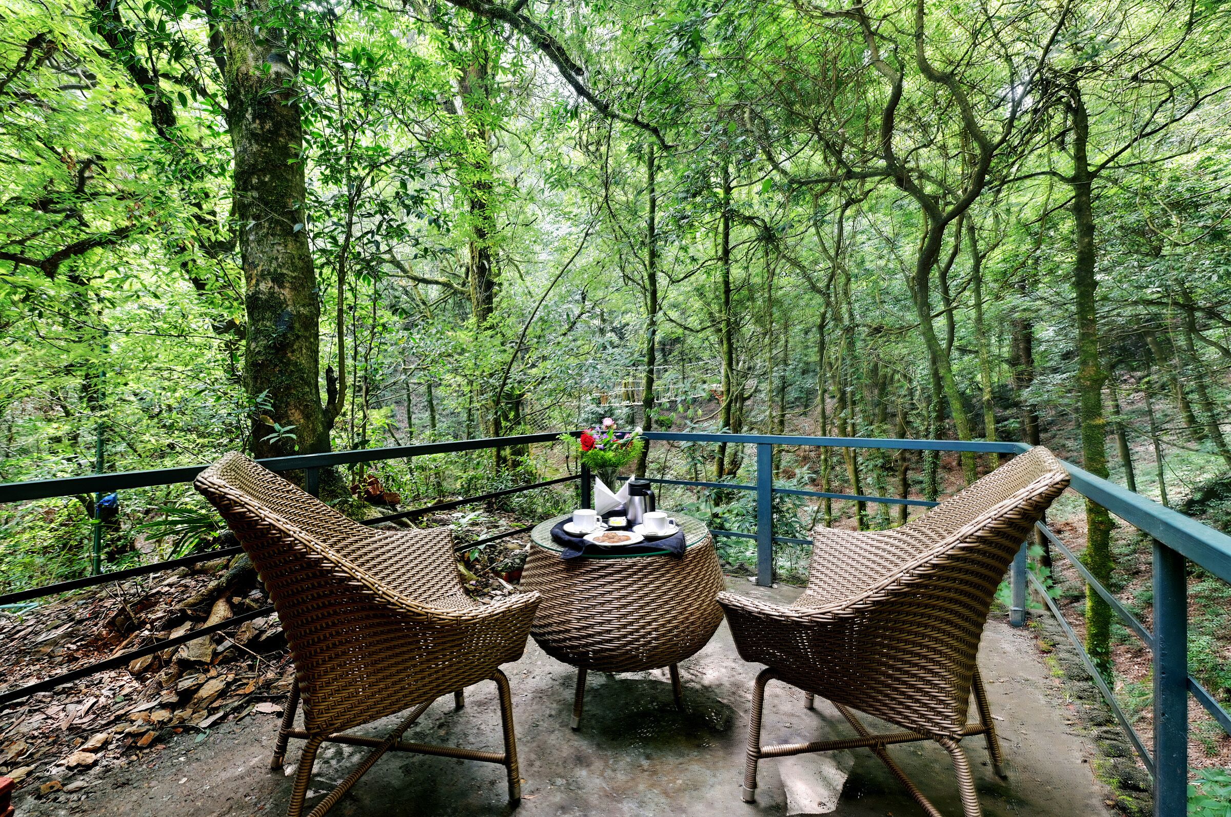 Un balcón con mobiliario de mimbre y una mesa, con vistas a una zona boscosa.