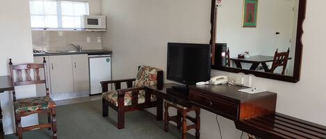 Una habitación compacta con kitchenette, televisor, escritorio y una silla.
