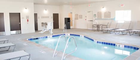 Indoor pool, open 8 AM to 10 PM, pool loungers