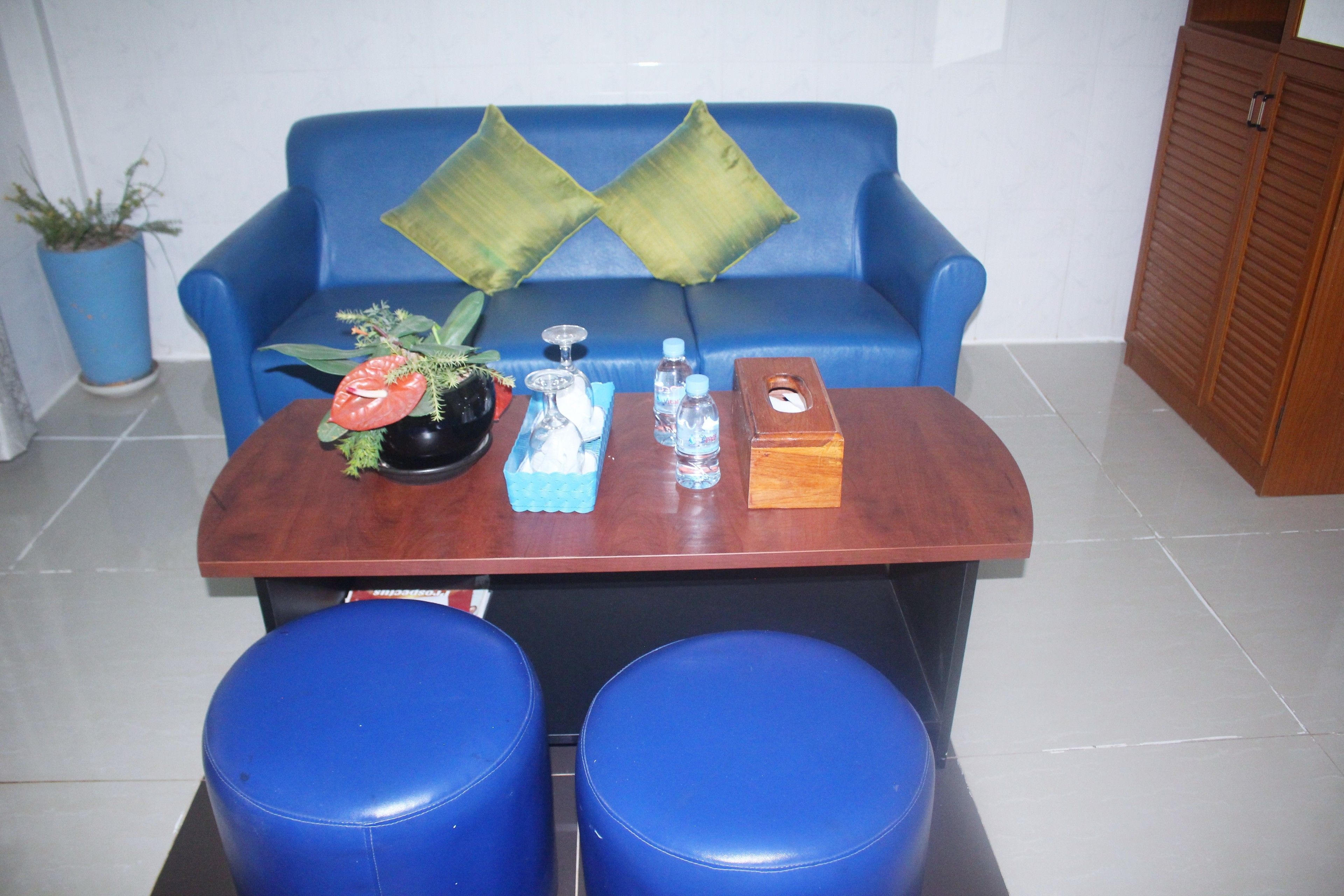 A blue sofa with green cushions, a wooden table with a plant, a bottle, a glass, and a wooden box.