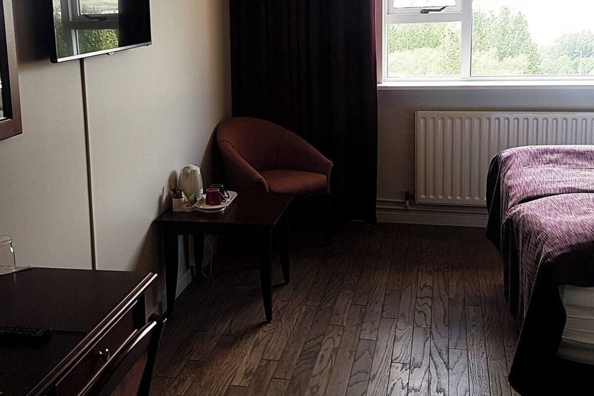 A hotel room with a bed, a chair, a small table with a cup and saucer, a television, and a window with a view of greenery.