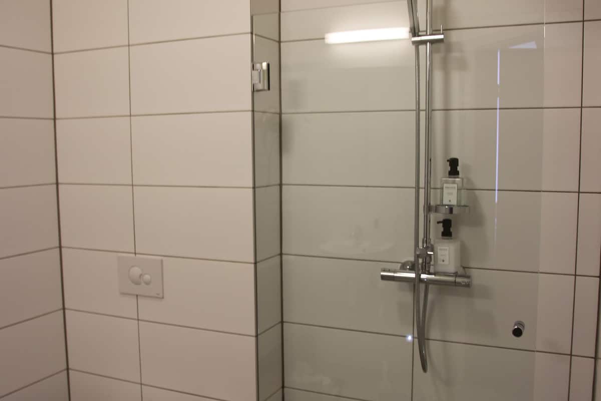 twin room, lake view | bathroom | shower, free toiletries, hair dryer, towels