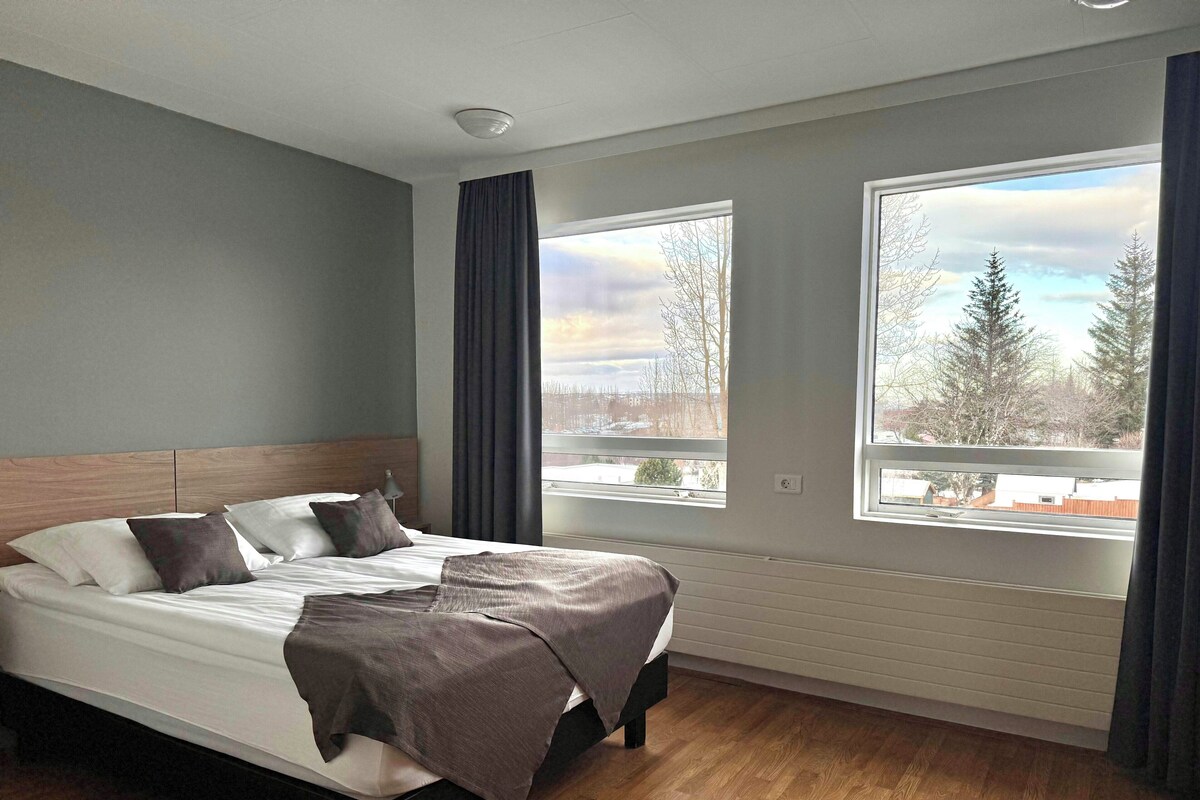 A modern hotel room with a large bed, two windows with curtains, a ceiling light, and a view of trees and buildings outside.