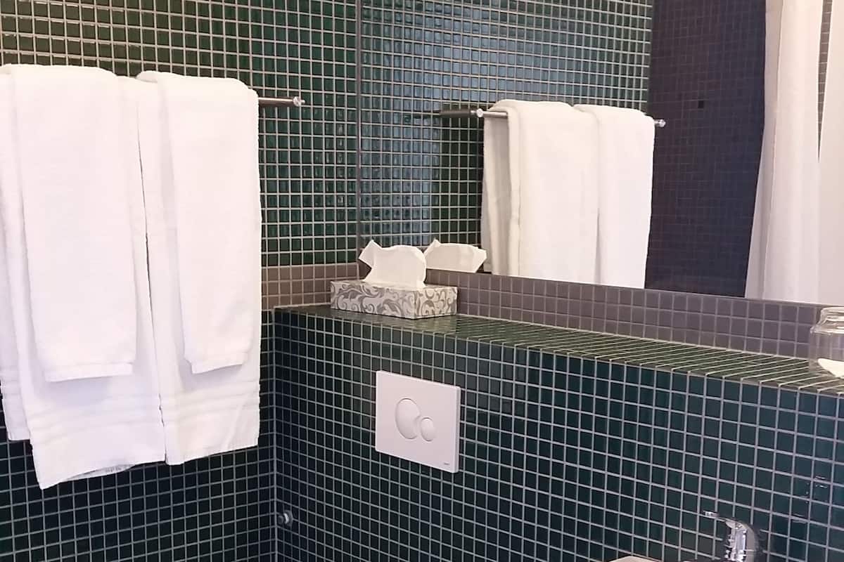 standard double room | bathroom | shower, free toiletries, hair dryer, towels