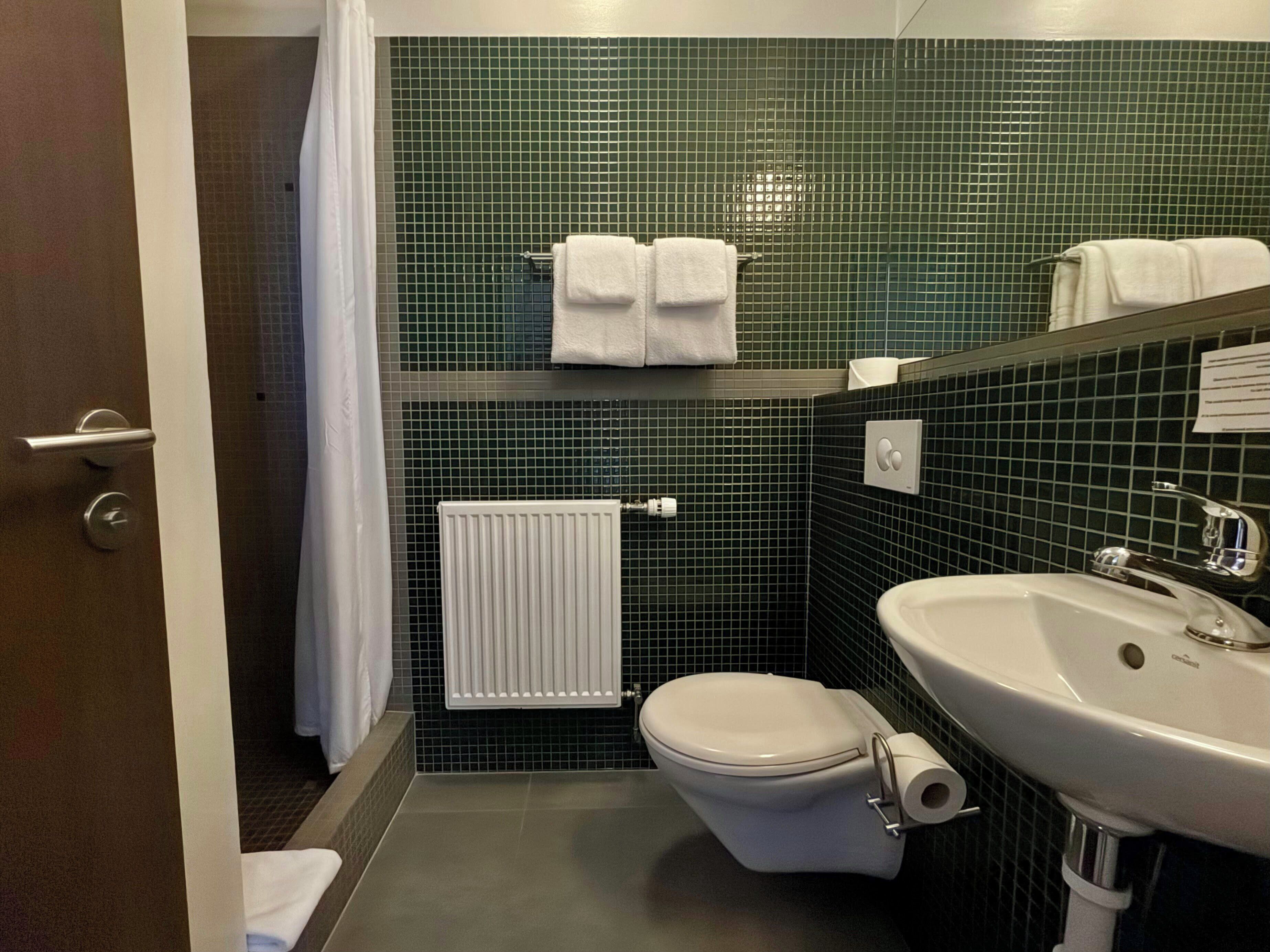 A bathroom with a toilet, sink, and towel rack.