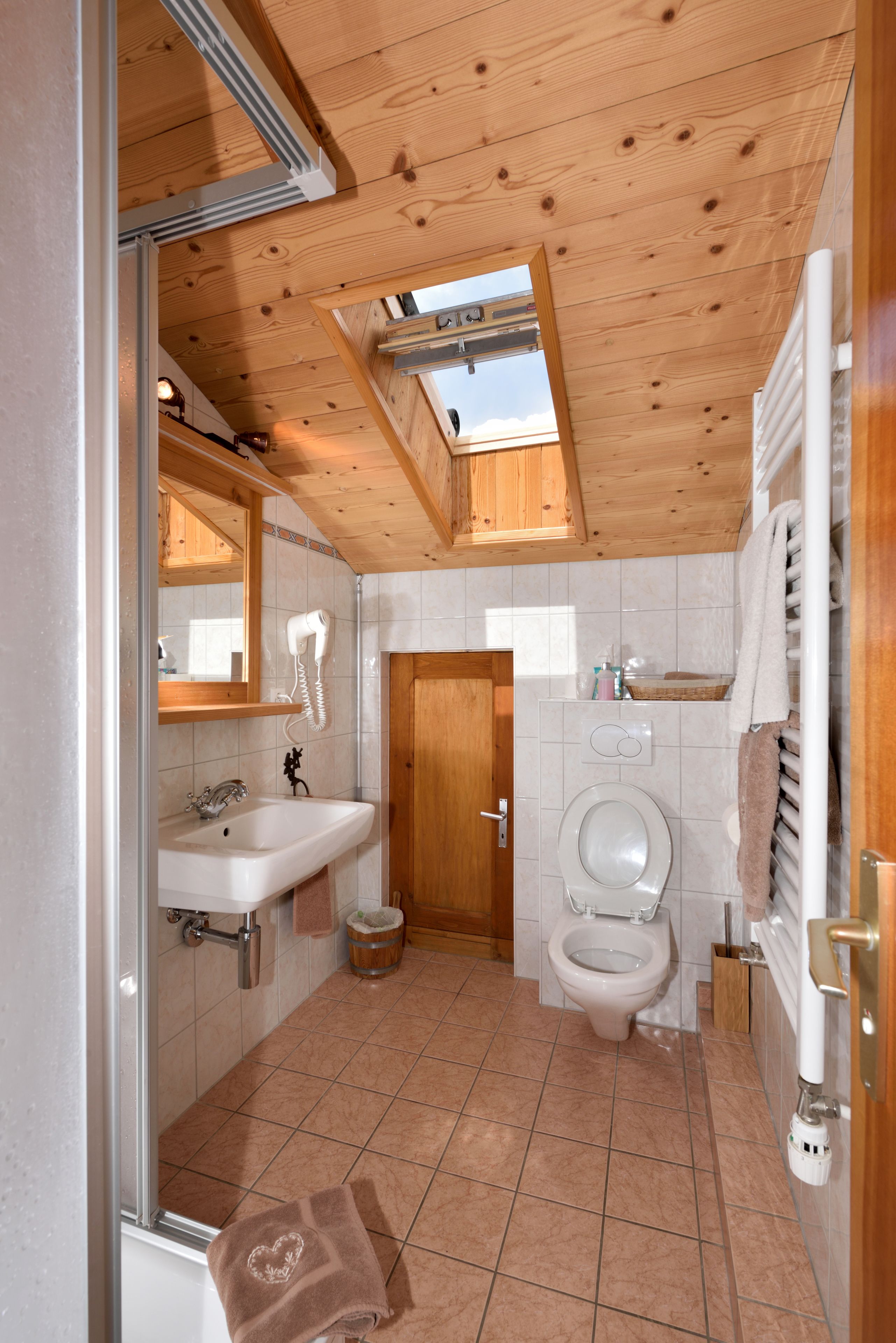 A compact bathroom with a skylight, a sink, a toilet, and a towel rack.