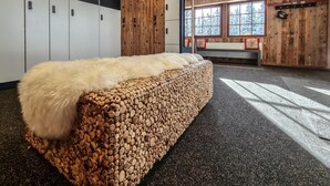 A bedroom with a wooden headboard, a fur throw, a bench with wooden logs, a window with a view of snow-covered trees, and a wardrobe with a mirror. - Hôtel Restaurant LA CAMBUSE (Vex)